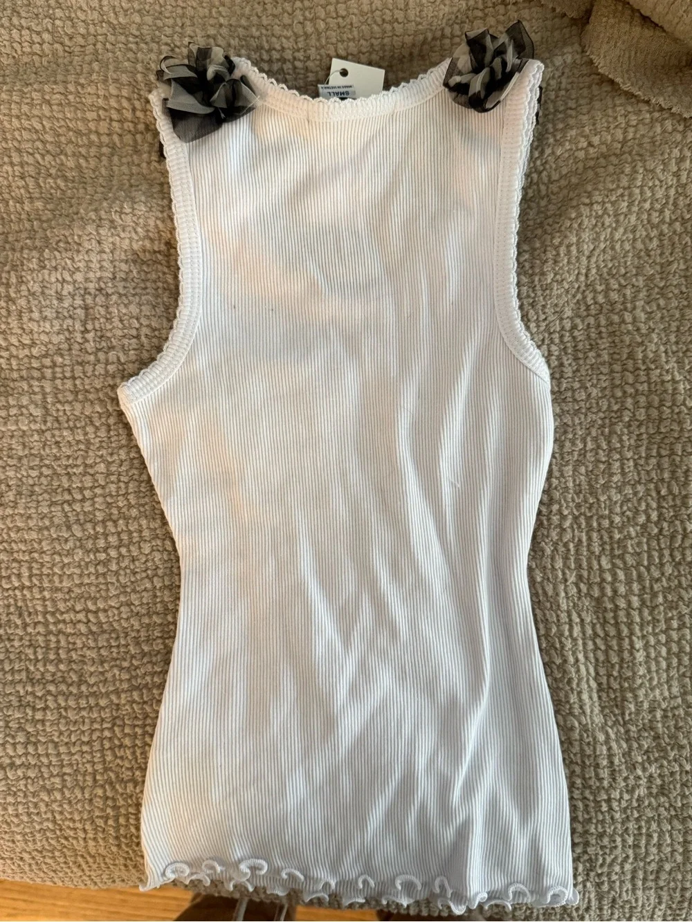 Kids White Ribbed Tank Top with Silver '7' and Black Floral Accents